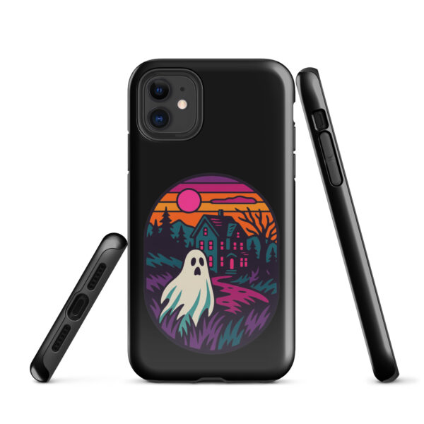 Ghostly Getaway Haunted Sunset Series iPhone case mockup on plain background, featuring ghost and haunted house design