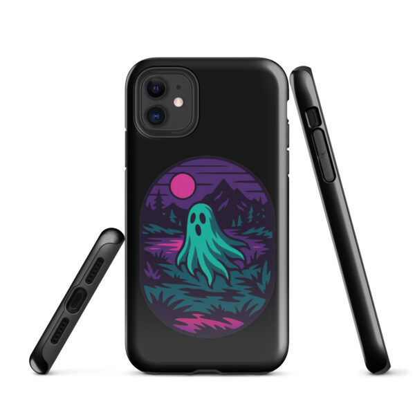 Phantom Forest Haunted Sunset Series iPhone case mockup on plain background, featuring spectral figure in eerie forest