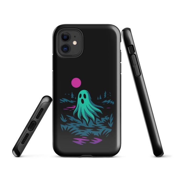 Specter Shores Haunted Sunset Series iPhone case mockup on plain background, featuring ghost at haunted shore