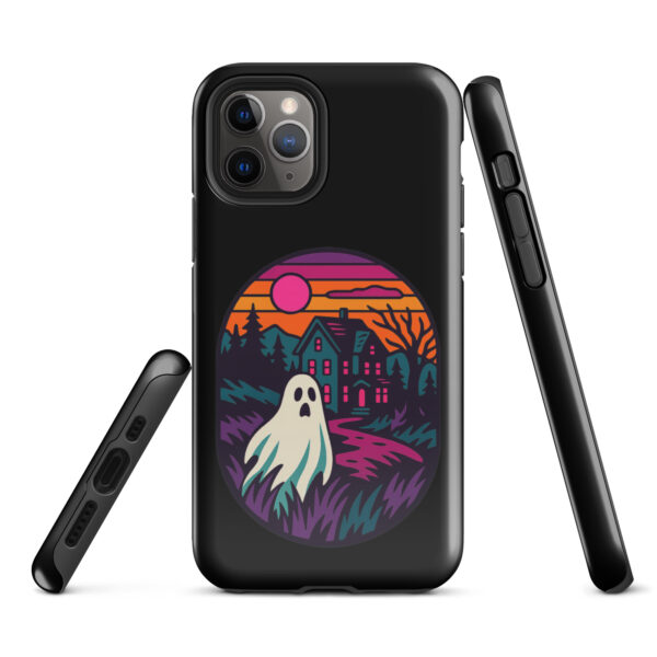 Ghostly Getaway Haunted Sunset Series iPhone case mockup on plain background, featuring ghost and haunted house design