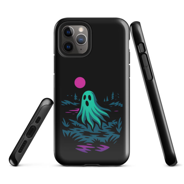 Specter Shores Haunted Sunset Series iPhone case mockup on plain background, featuring ghost at haunted shore