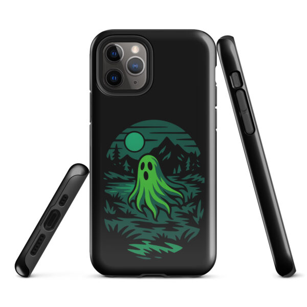 Ghoul’s Hollow Haunted Sunset Series iPhone case mockup on plain background, featuring glowing green ghost in dark forest