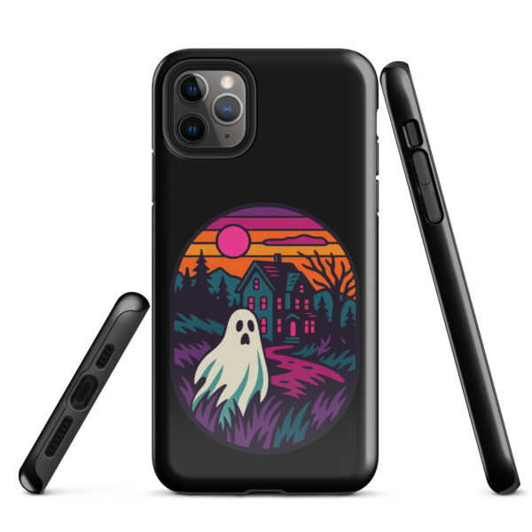 Ghostly Getaway Haunted Sunset Series iPhone case mockup on plain background, featuring ghost and haunted house design