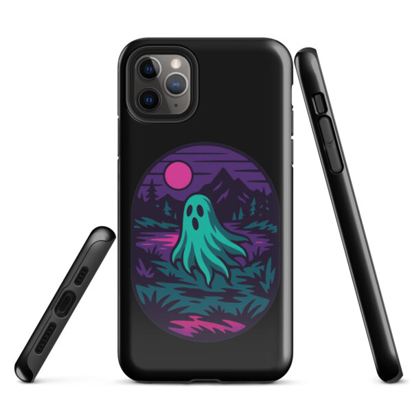 Phantom Forest Haunted Sunset Series iPhone case mockup on plain background, featuring spectral figure in eerie forest
