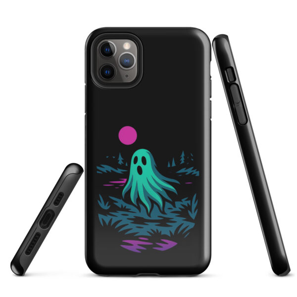 Specter Shores Haunted Sunset Series iPhone case mockup on plain background, featuring ghost at haunted shore