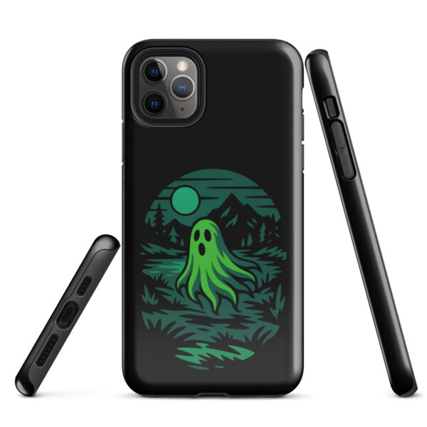 Ghoul’s Hollow Haunted Sunset Series iPhone case mockup on plain background, featuring glowing green ghost in dark forest