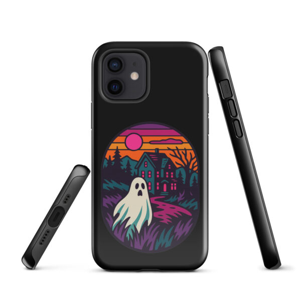 Ghostly Getaway Haunted Sunset Series iPhone case mockup on plain background, featuring ghost and haunted house design