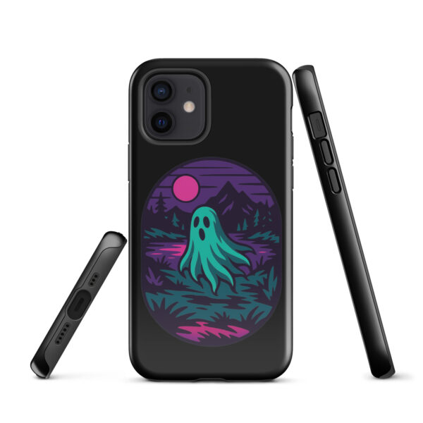Phantom Forest Haunted Sunset Series iPhone case mockup on plain background, featuring spectral figure in eerie forest