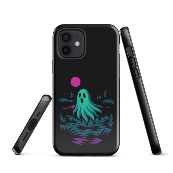 Specter Shores Haunted Sunset Series iPhone case mockup on plain background, featuring ghost at haunted shore
