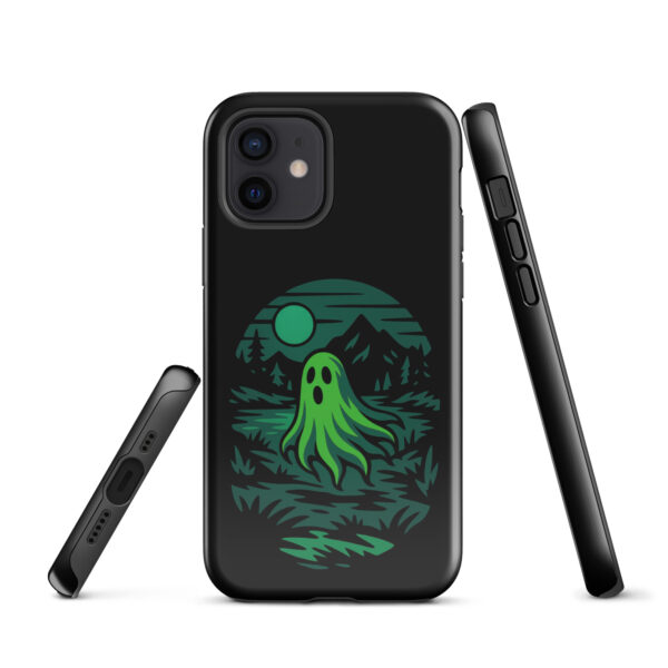 Ghoul’s Hollow Haunted Sunset Series iPhone case mockup on plain background, featuring glowing green ghost in dark forest