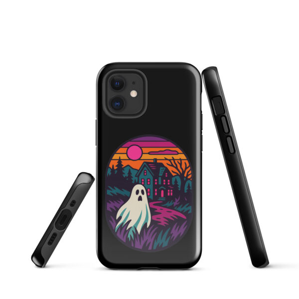 Ghostly Getaway Haunted Sunset Series iPhone case mockup on plain background, featuring ghost and haunted house design