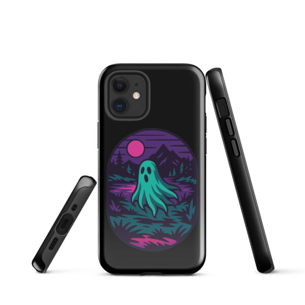 Phantom Forest Haunted Sunset Series iPhone case mockup on plain background, featuring spectral figure in eerie forest