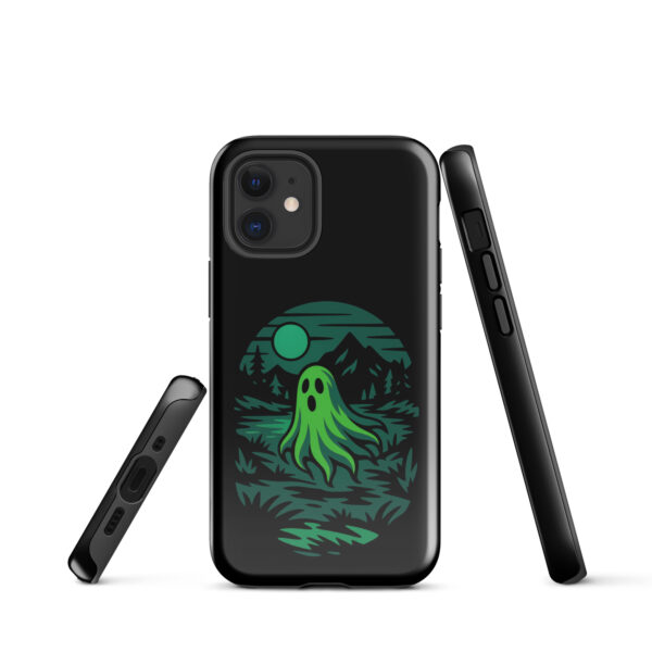 Ghoul’s Hollow Haunted Sunset Series iPhone case mockup on plain background, featuring glowing green ghost in dark forest