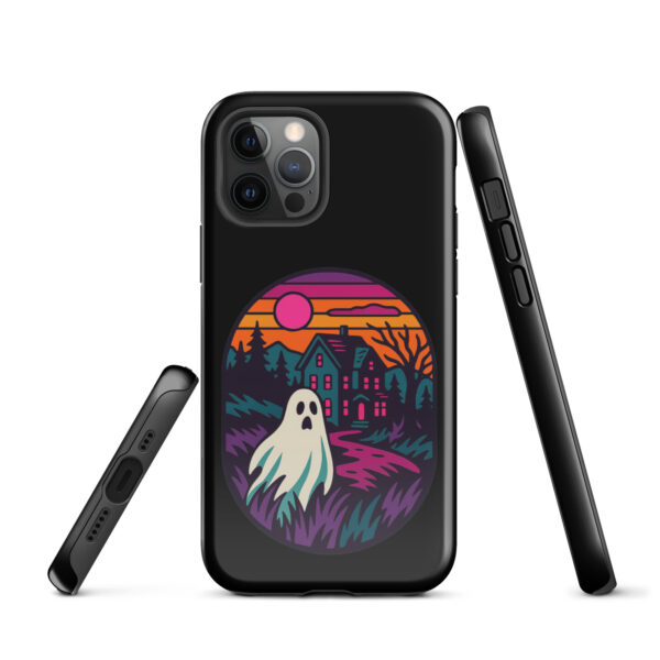 Ghostly Getaway Haunted Sunset Series iPhone case mockup on plain background, featuring ghost and haunted house design
