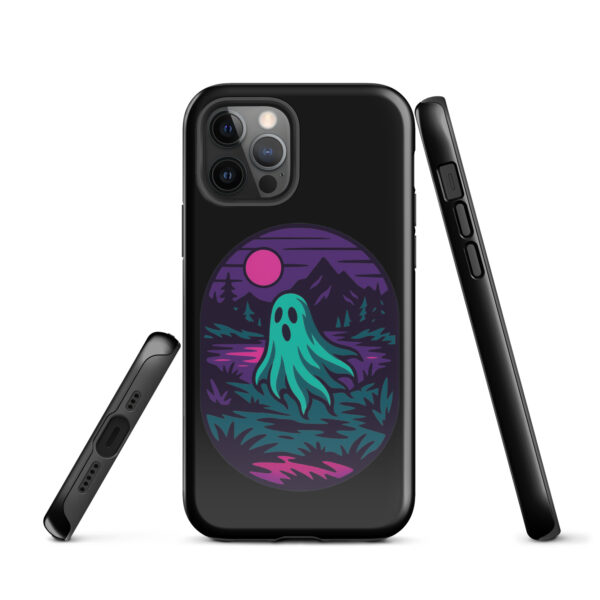 Phantom Forest Haunted Sunset Series iPhone case mockup on plain background, featuring spectral figure in eerie forest