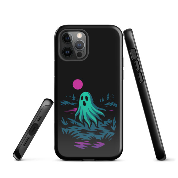 Specter Shores Haunted Sunset Series iPhone case mockup on plain background, featuring ghost at haunted shore