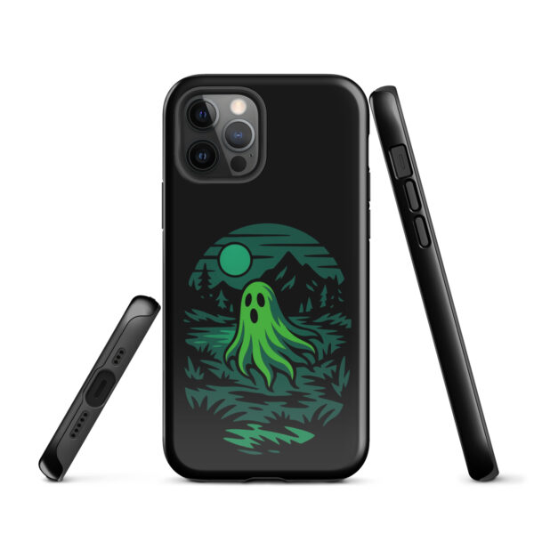 Ghoul’s Hollow Haunted Sunset Series iPhone case mockup on plain background, featuring glowing green ghost in dark forest