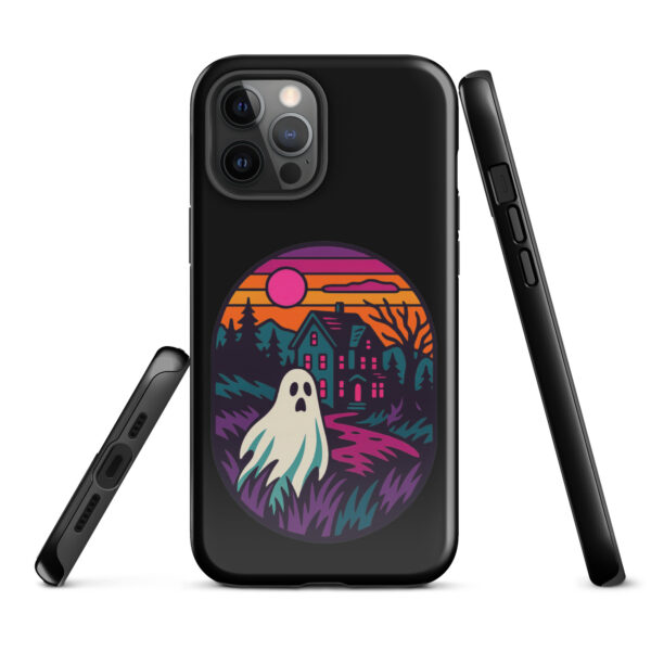 Ghostly Getaway Haunted Sunset Series iPhone case mockup on plain background, featuring ghost and haunted house design