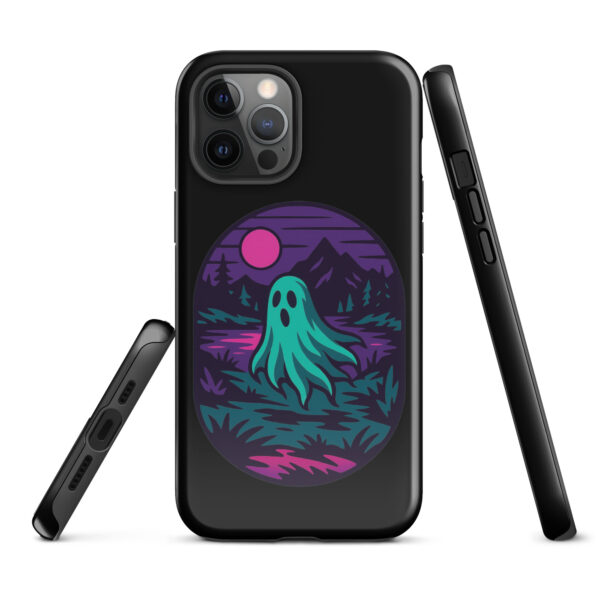 Phantom Forest Haunted Sunset Series iPhone case mockup on plain background, featuring spectral figure in eerie forest