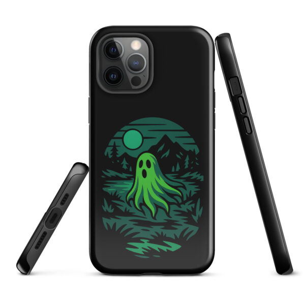 Ghoul’s Hollow Haunted Sunset Series iPhone case mockup on plain background, featuring glowing green ghost in dark forest