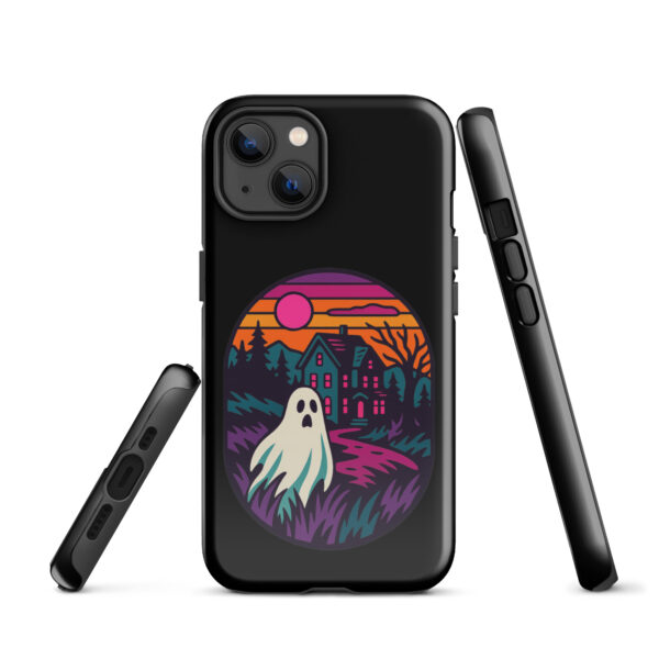 Ghostly Getaway Haunted Sunset Series iPhone case mockup on plain background, featuring ghost and haunted house design