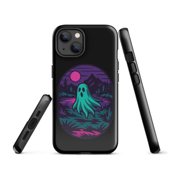 Phantom Forest Haunted Sunset Series iPhone case mockup on plain background, featuring spectral figure in eerie forest