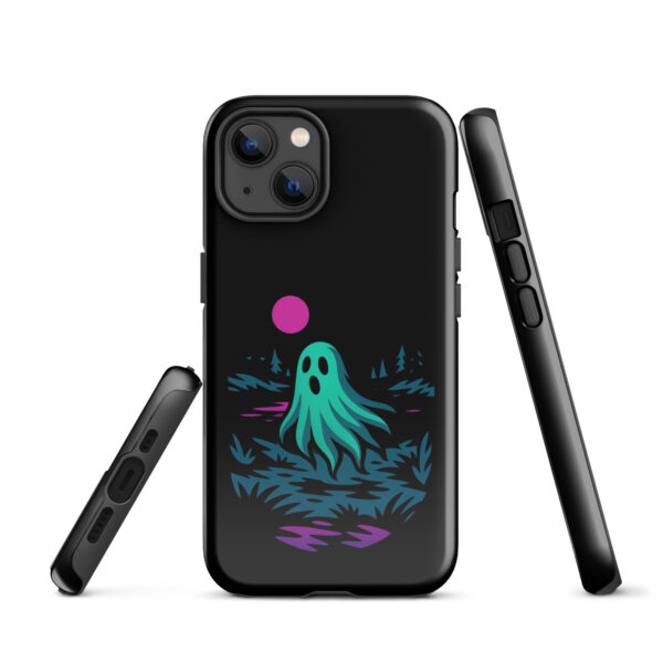 Specter Shores Haunted Sunset Series iPhone case mockup on plain background, featuring ghost at haunted shore