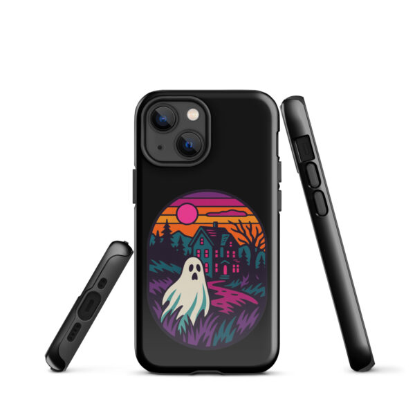 Ghostly Getaway Haunted Sunset Series iPhone case mockup on plain background, featuring ghost and haunted house design