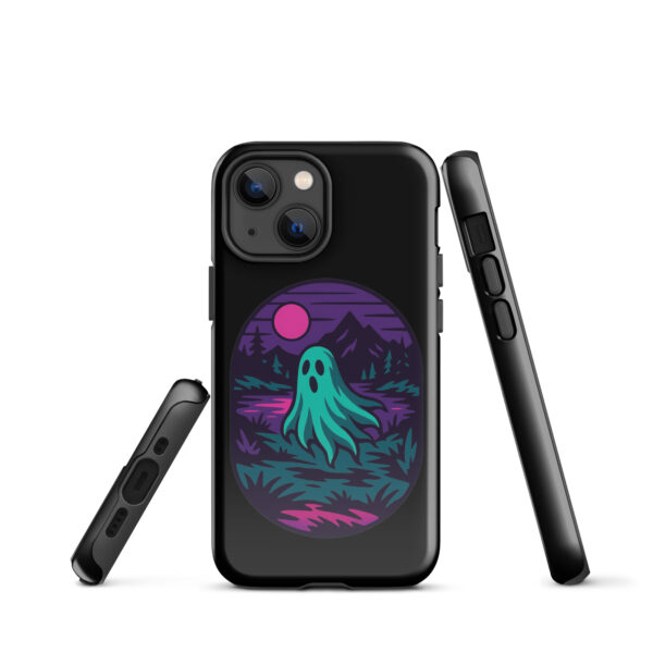Phantom Forest Haunted Sunset Series iPhone case mockup on plain background, featuring spectral figure in eerie forest
