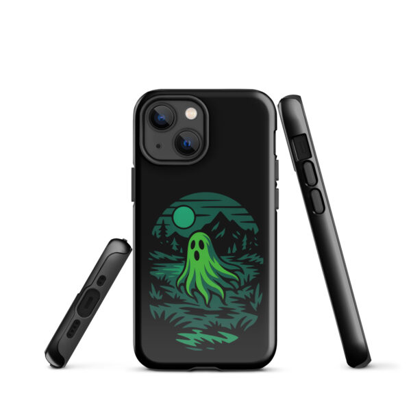 Ghoul’s Hollow Haunted Sunset Series iPhone case mockup on plain background, featuring glowing green ghost in dark forest