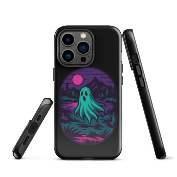 Phantom Forest Haunted Sunset Series iPhone case mockup on plain background, featuring spectral figure in eerie forest