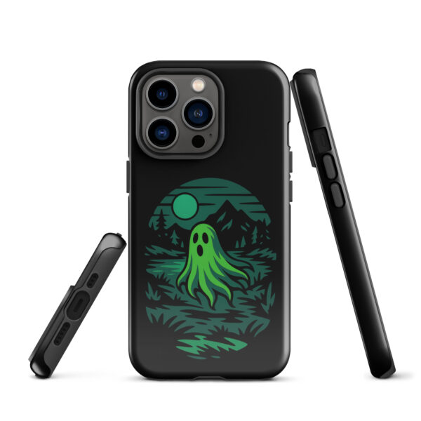 Ghoul’s Hollow Haunted Sunset Series iPhone case mockup on plain background, featuring glowing green ghost in dark forest