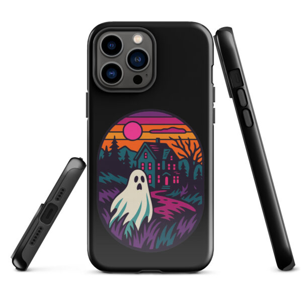 Ghostly Getaway Haunted Sunset Series iPhone case mockup on plain background, featuring ghost and haunted house design