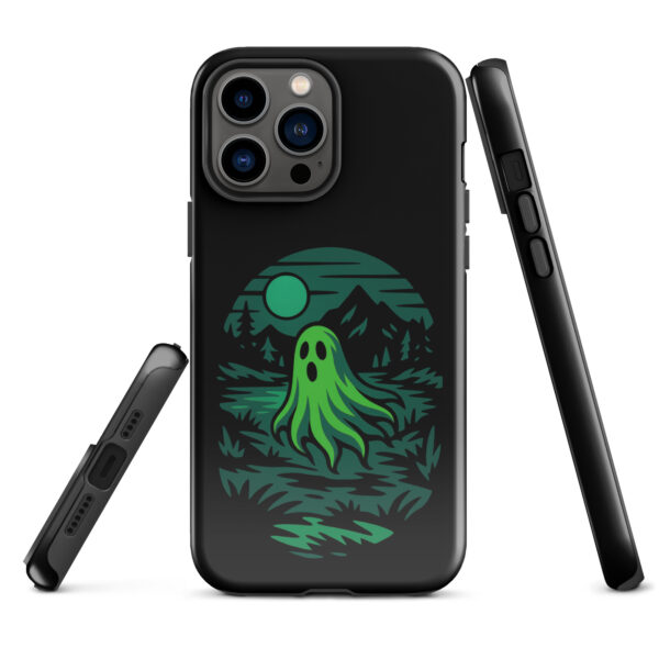 Ghoul’s Hollow Haunted Sunset Series iPhone case mockup on plain background, featuring glowing green ghost in dark forest