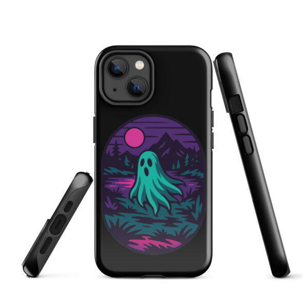 Phantom Forest Haunted Sunset Series iPhone case mockup on plain background, featuring spectral figure in eerie forest