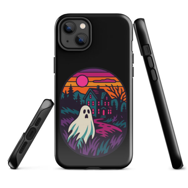 Ghostly Getaway Haunted Sunset Series iPhone case mockup on plain background, featuring ghost and haunted house design