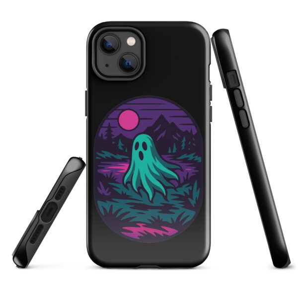 Phantom Forest Haunted Sunset Series iPhone case mockup on plain background, featuring spectral figure in eerie forest