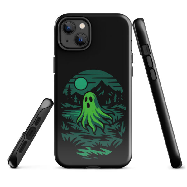 Ghoul’s Hollow Haunted Sunset Series iPhone case mockup on plain background, featuring glowing green ghost in dark forest