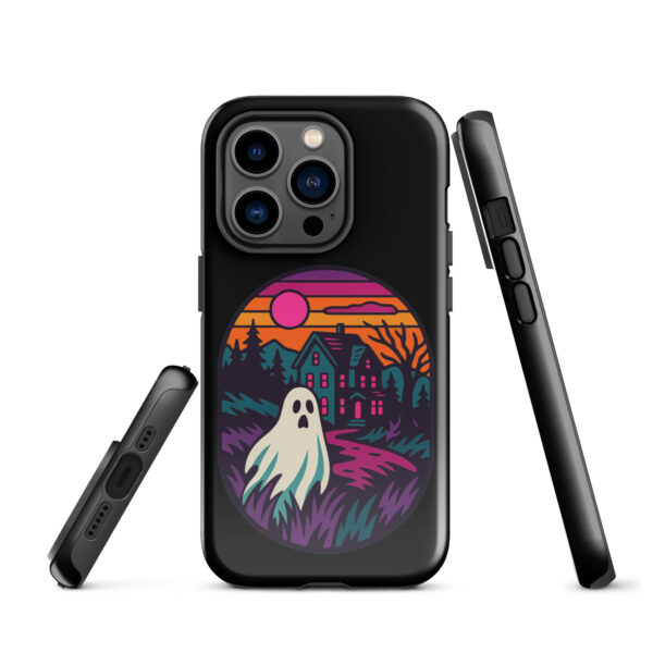 Ghostly Getaway Haunted Sunset Series iPhone case mockup on plain background, featuring ghost and haunted house design