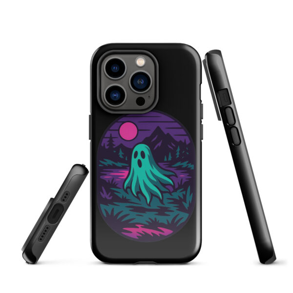 Phantom Forest Haunted Sunset Series iPhone case mockup on plain background, featuring spectral figure in eerie forest