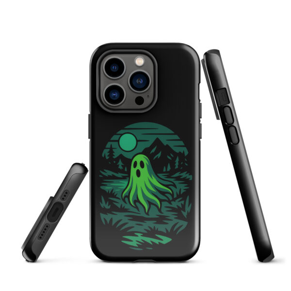 Ghoul’s Hollow Haunted Sunset Series iPhone case mockup on plain background, featuring glowing green ghost in dark forest