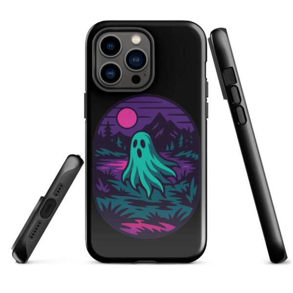 Phantom Forest Haunted Sunset Series iPhone case mockup on plain background, featuring spectral figure in eerie forest