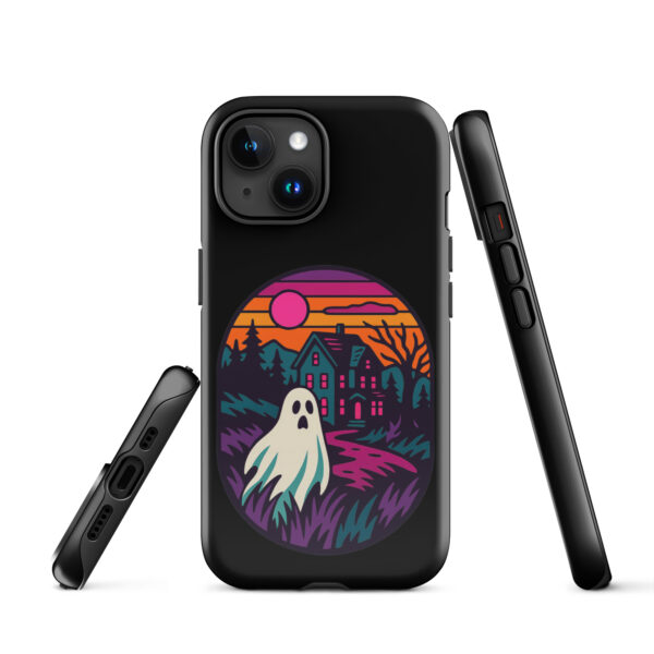 Ghostly Getaway Haunted Sunset Series iPhone case mockup on plain background, featuring ghost and haunted house design