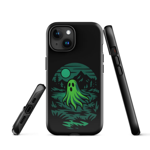 Ghoul’s Hollow Haunted Sunset Series iPhone case mockup on plain background, featuring glowing green ghost in dark forest