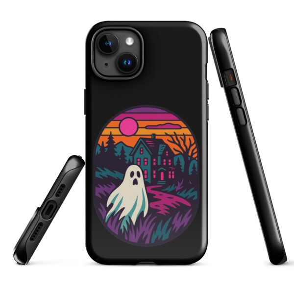 Ghostly Getaway Haunted Sunset Series iPhone case mockup on plain background, featuring ghost and haunted house design