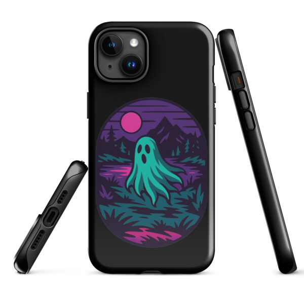 Phantom Forest Haunted Sunset Series iPhone case mockup on plain background, featuring spectral figure in eerie forest