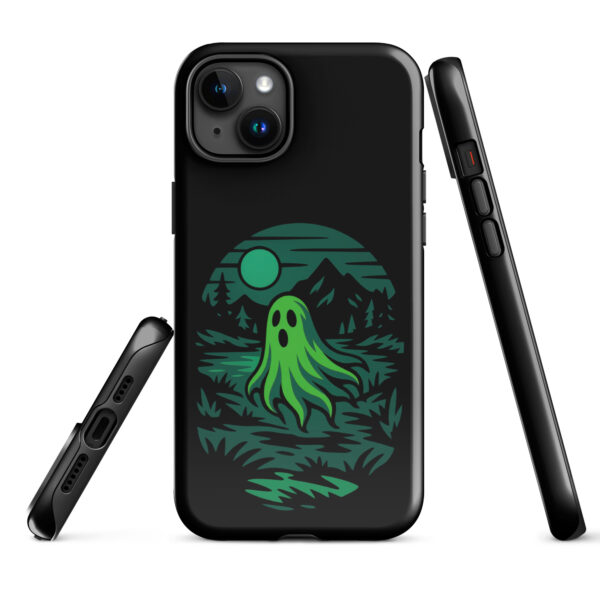 Ghoul’s Hollow Haunted Sunset Series iPhone case mockup on plain background, featuring glowing green ghost in dark forest