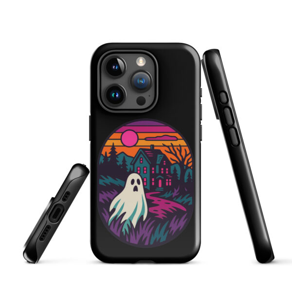 Ghostly Getaway Haunted Sunset Series iPhone case mockup on plain background, featuring ghost and haunted house design