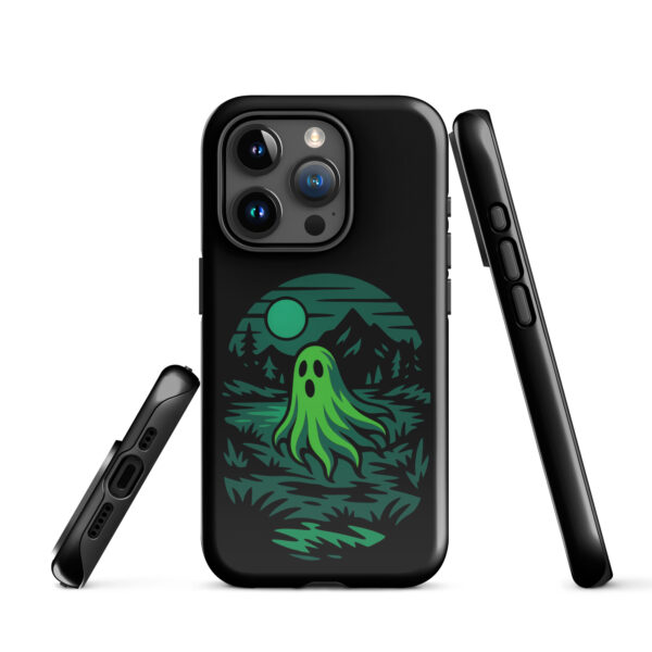 Ghoul’s Hollow Haunted Sunset Series iPhone case mockup on plain background, featuring glowing green ghost in dark forest