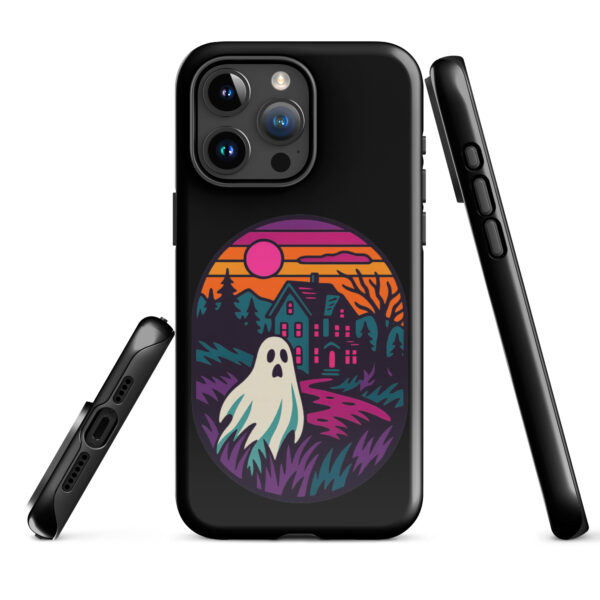 Ghostly Getaway Haunted Sunset Series iPhone case mockup on plain background, featuring ghost and haunted house design